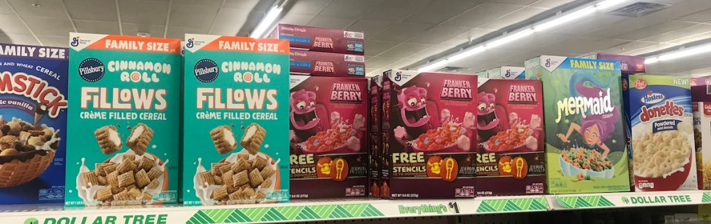 shelf of General Mills cereal at Dollar Tree