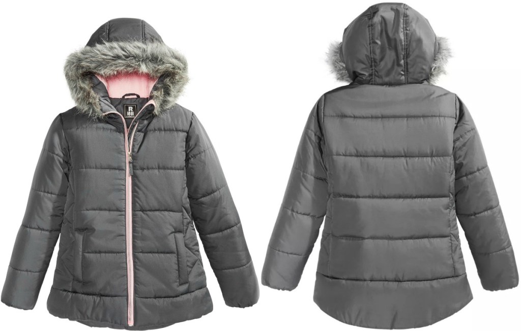 Girls Puffer Jacket from Macy's in gray - front and back view