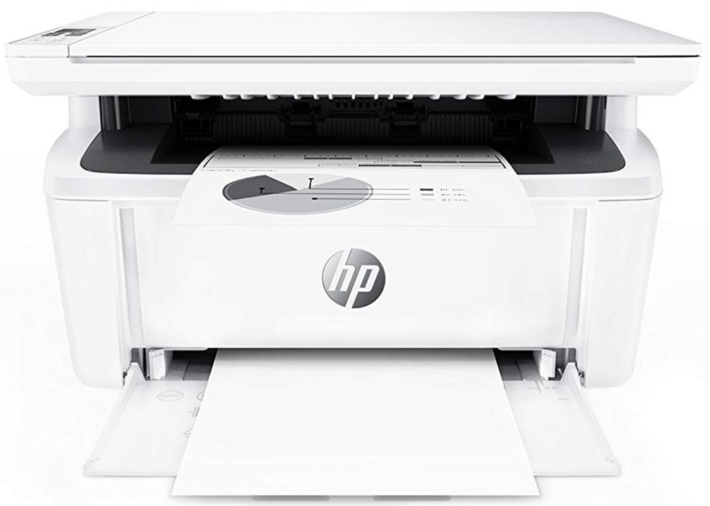 hp laserjet white printer with paper in paper tray