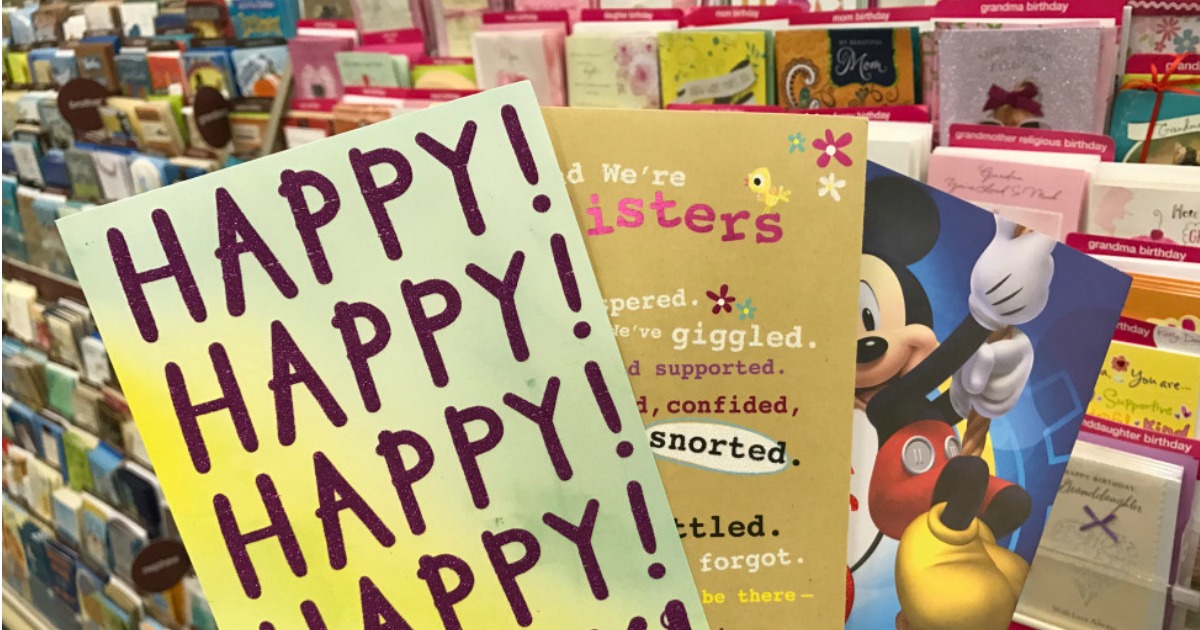 Greeting cards in front of shelf