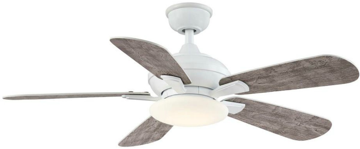 White ceiling fan with wooden panels and LED light