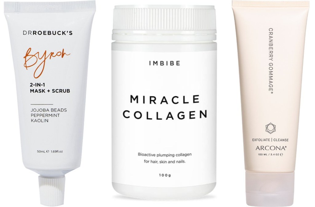 IMBIBE Miracle Collagen Powder, ARCONA Cranberry Gommage, and Dr Roebuck's Byron 2-in-1 Mask + Scrub