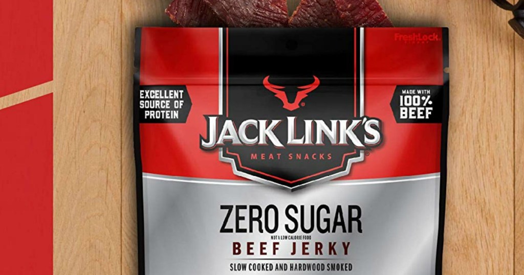 Jack Link's Zero Sugar Beef Jerky bag on gym floor