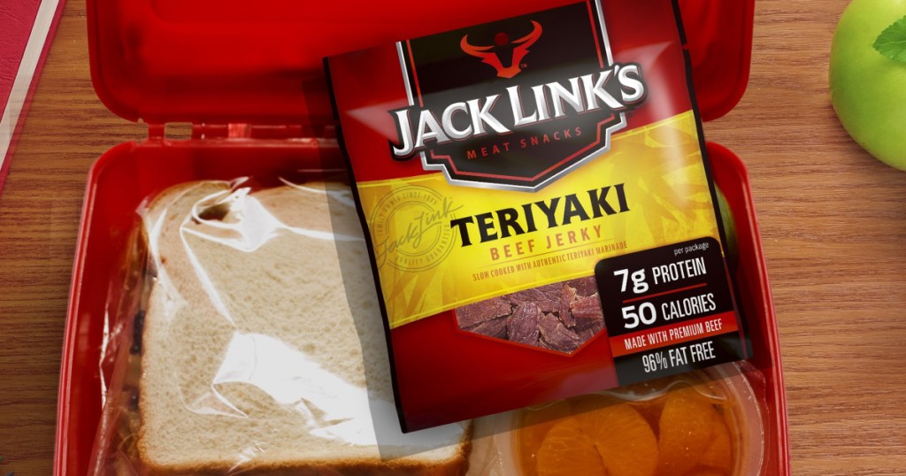 sandwich and pack of Jack Link's jerky in a lunch box