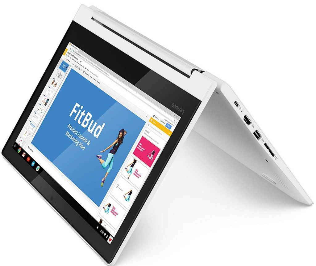 White chromebook laptop folded into tablet mode