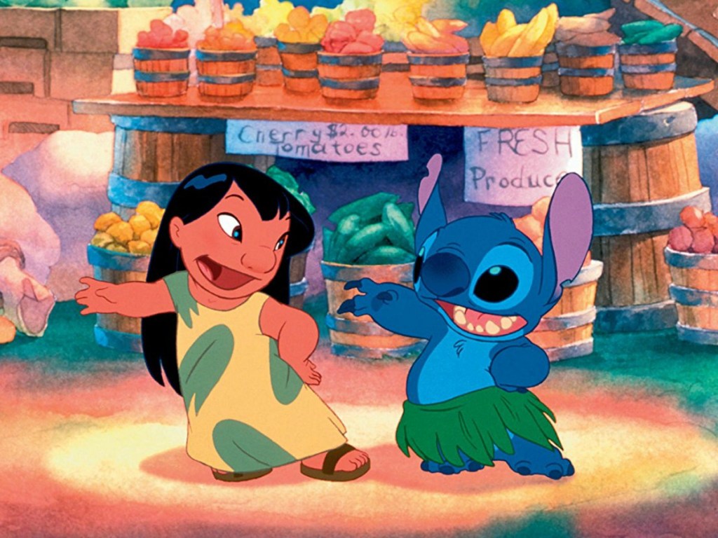 Movie scene of main characters from Disney movie Lilo & Stitch