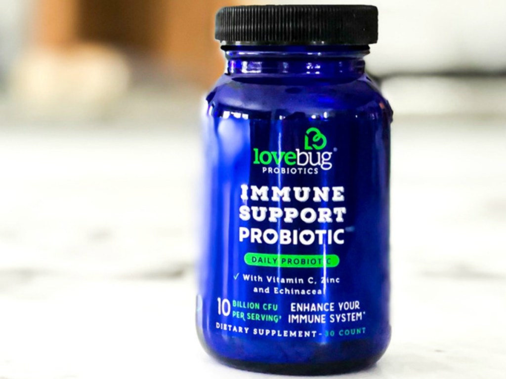 Bottle of probiotics on counter