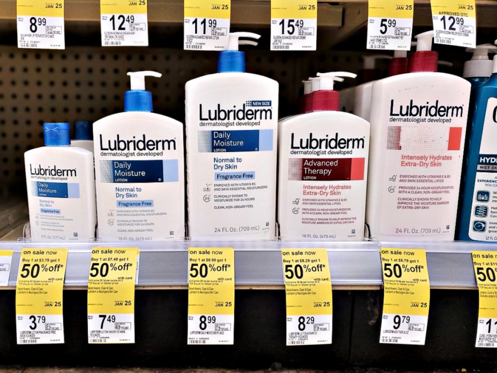 Lubriderm Daily Moisture lotion bottles at Walgreens
