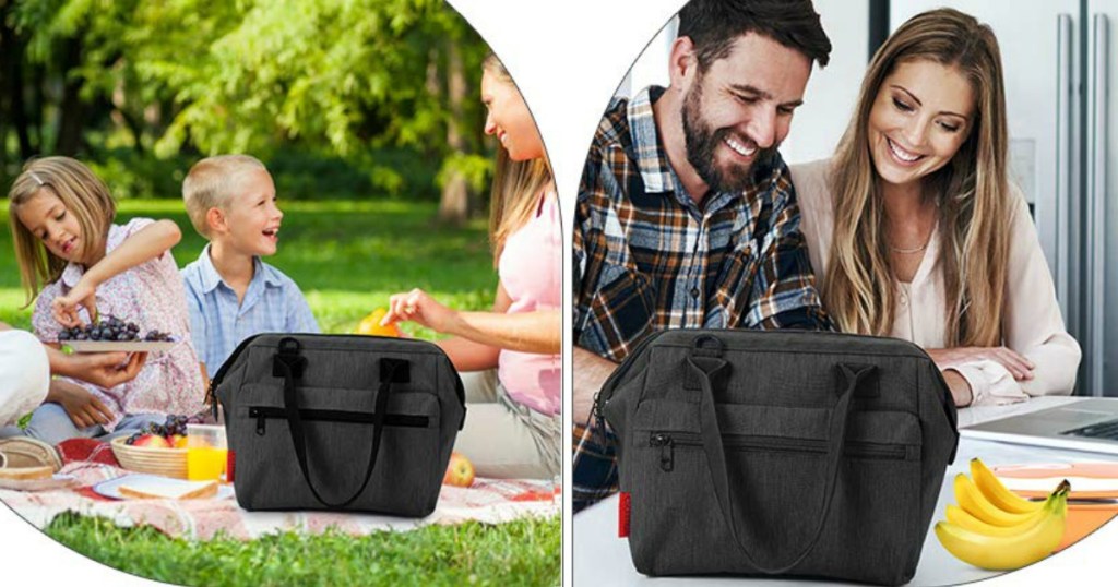 kids at a picnic eating  with a lunch bag 