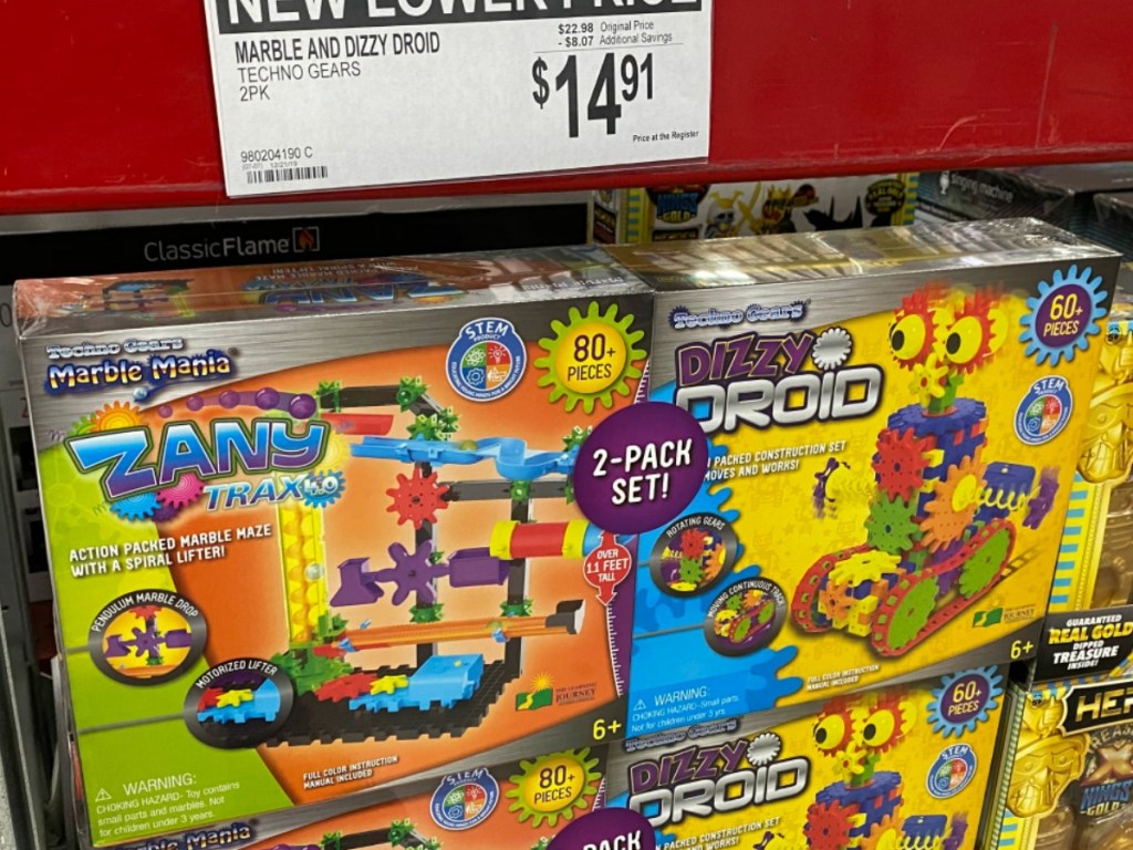Two set pack of marble run and robot toys from Sam's Club in package in warehouse store