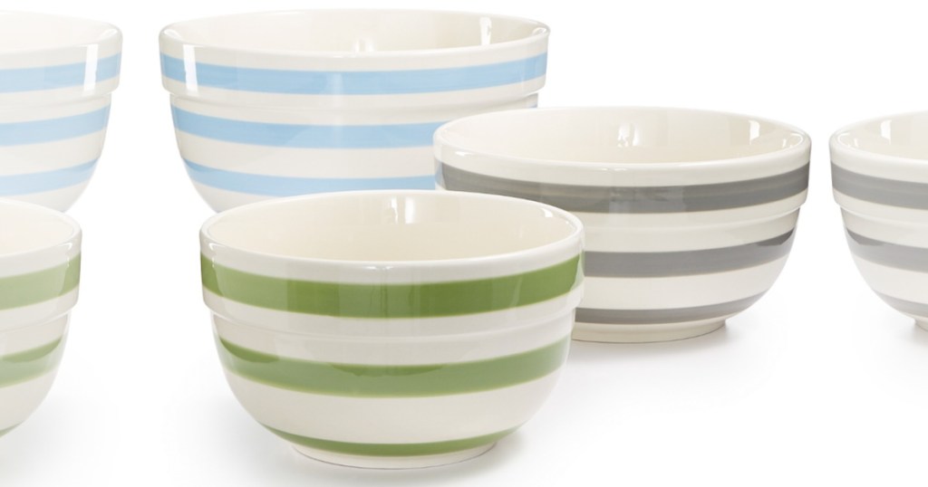 Blue, Green, and Grey Martha Stewart Collection Pastel Stripe Ceramic Bowls