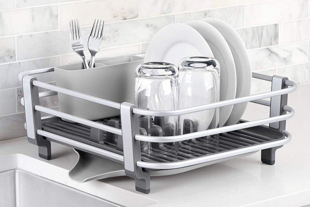 OXO Good Grips Rustproof Aluminum Dish Rack with dishes in rack in kitchen