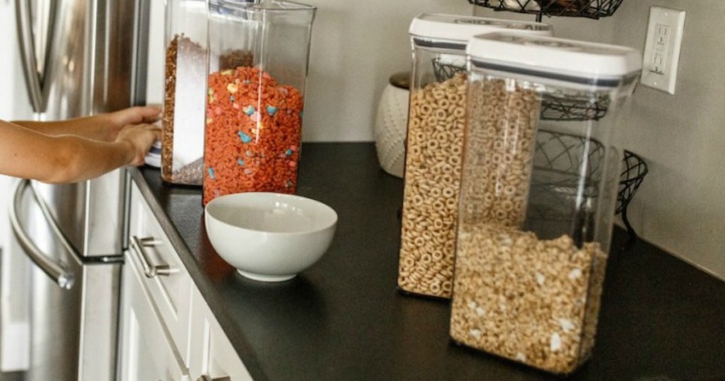 OXO cereal containers on counter filled