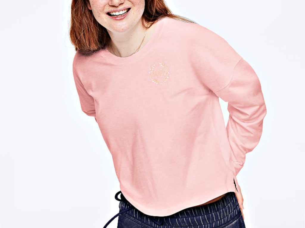 Pink Everyday Long Sleeve Cropped Tee on model