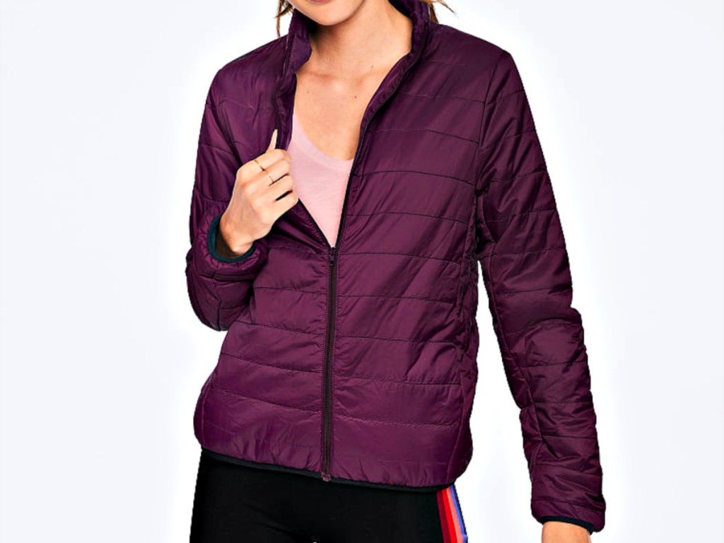 Pink Packable Puffer on model