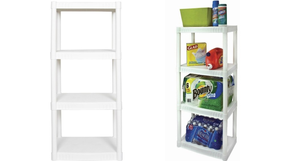 Plano Shelving Units side by side, one is empty one has household essentials on it