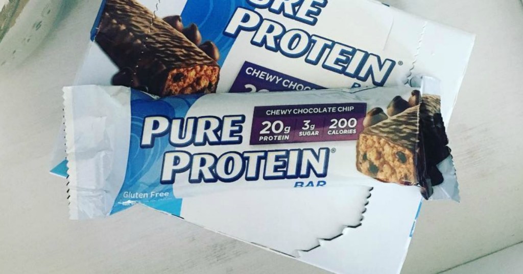 Protein bar in package on large box