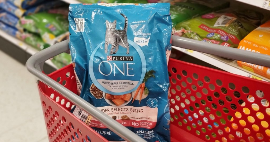 Purina One Cat food bag in red shopping cart at Target