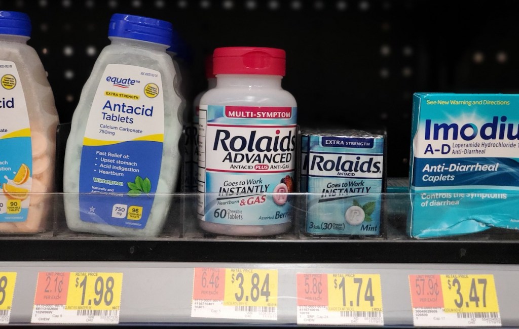 antacid products on shelf at Walmart