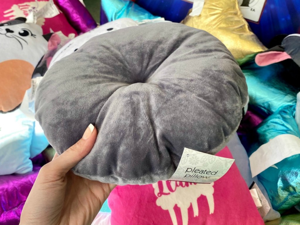 Round Gray throw pillow in hand in Dollar Tree