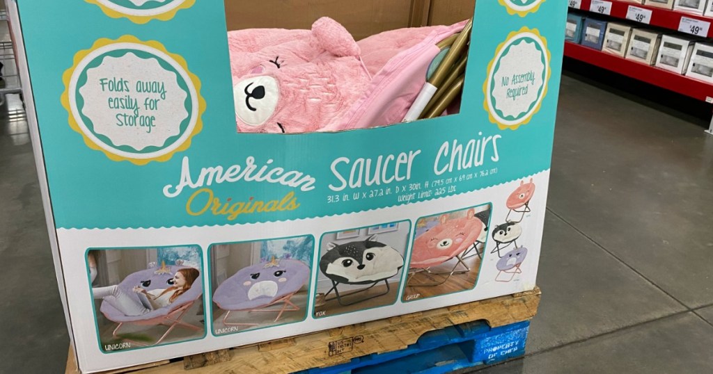 Large box of animal themed saucer chairs in warehouse store