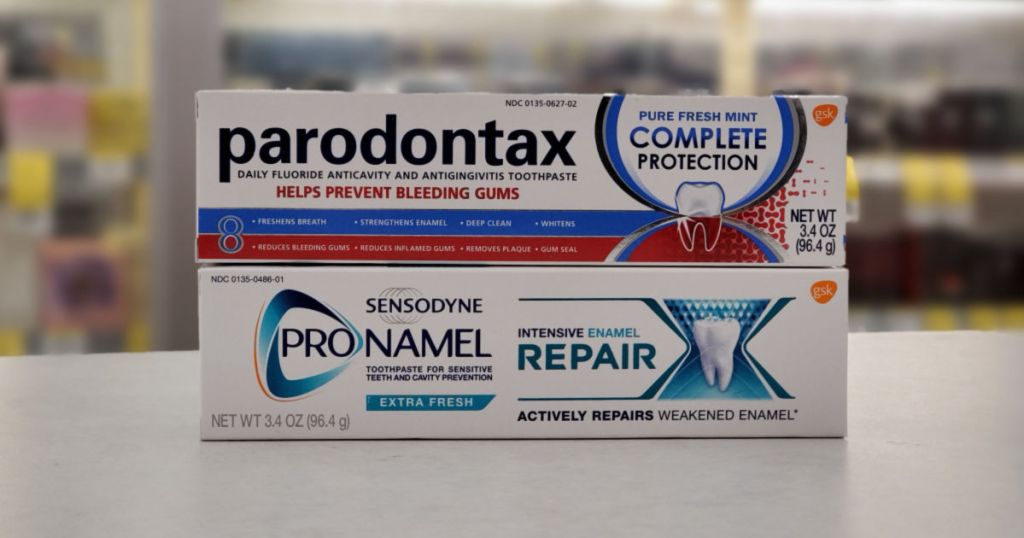 Sensodyne and parodontax toothpaste on counter