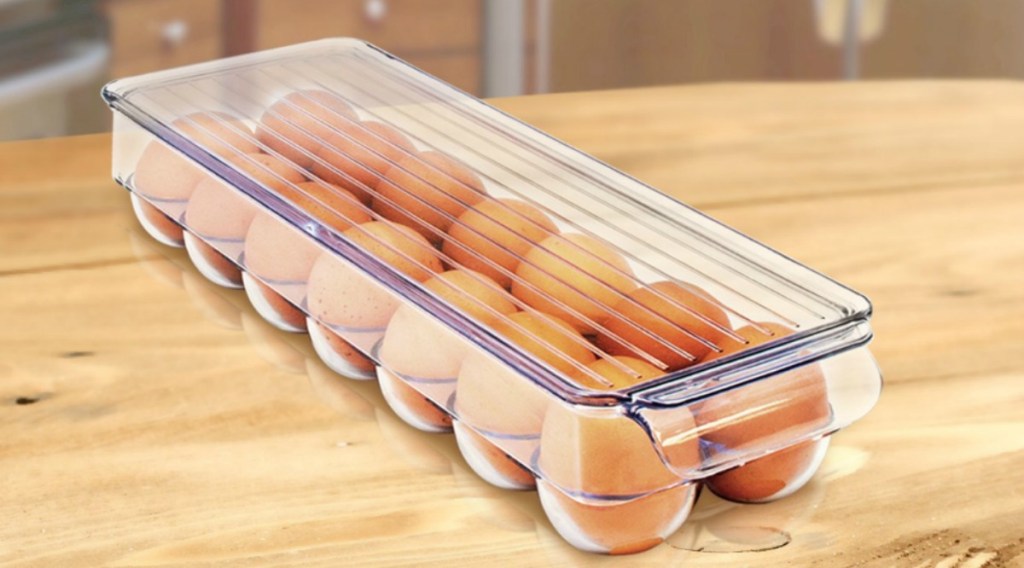 eggs in a clear organizer bin with lid