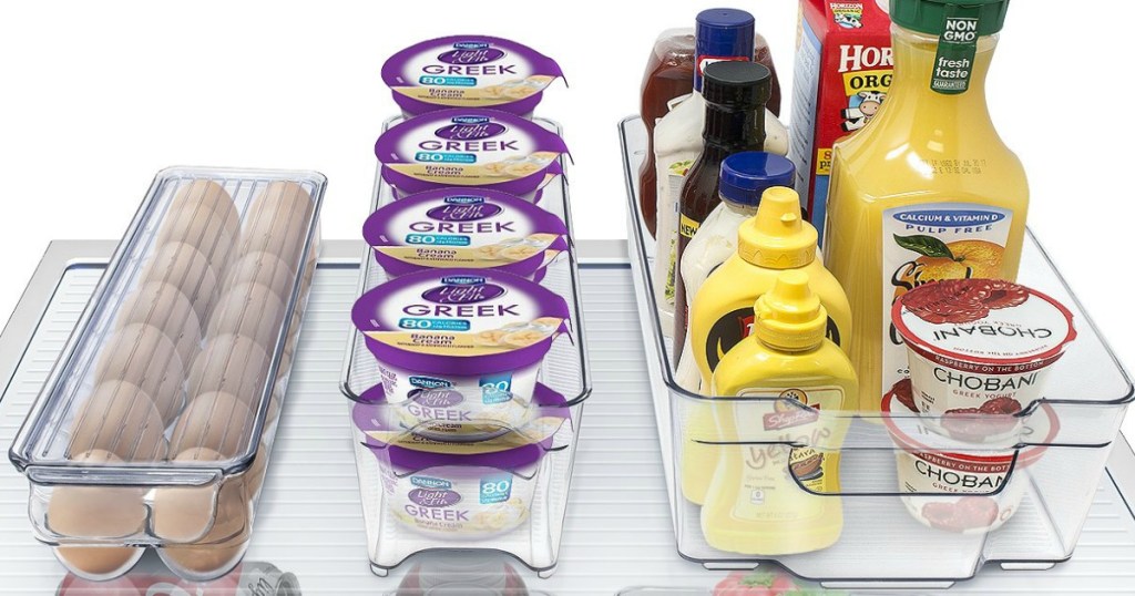 eggs, yogurt and beverages contained in clear bins