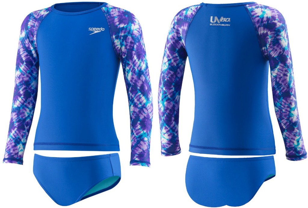 Speedo Baby Girls Long-Sleeve Rashguard Set in blue - front and back view