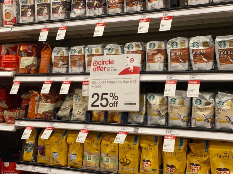 Starbucks bagged coffees on Target shelf with circle offer sign