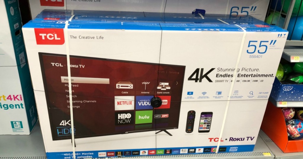 TCL brand TV in box on display on shelf in-store