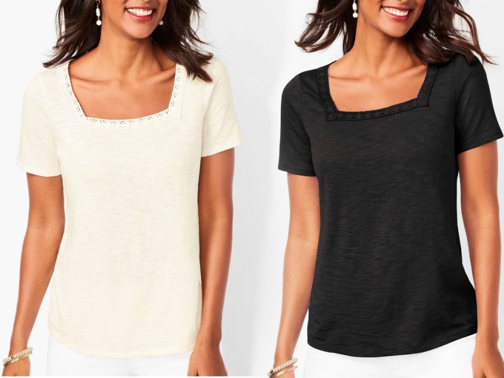 Women wearing a square neck style tee in two colors - ivory and black