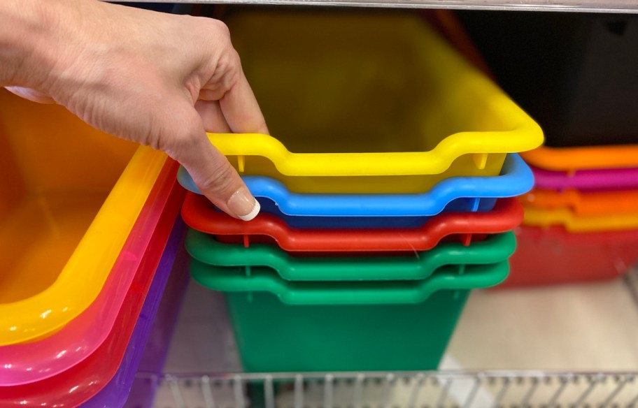 hand holding plastic storage bins at Target