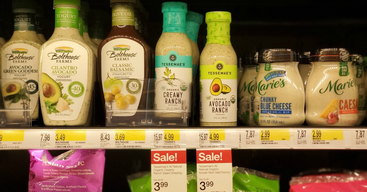 various bottles of salad dressing on store shelf
