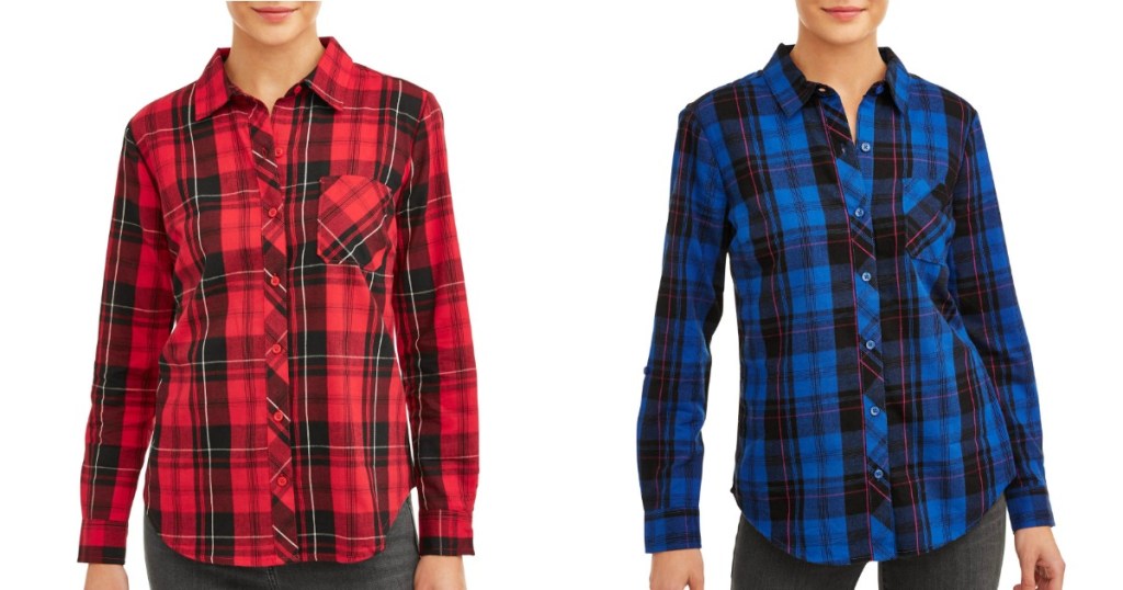 Time and Tru Women's Woven Plaid Shirts modeled by two women