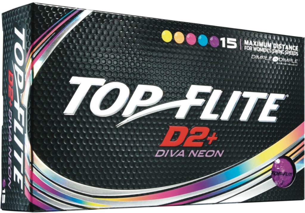 Box of women's Top Flite golf balls in rainbow colors