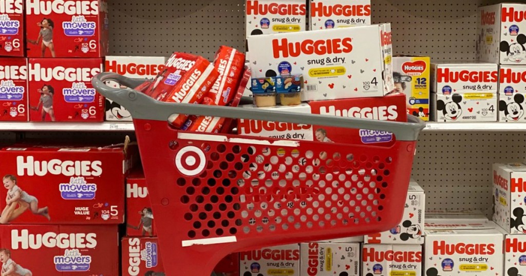 diapers in a store shopping cart