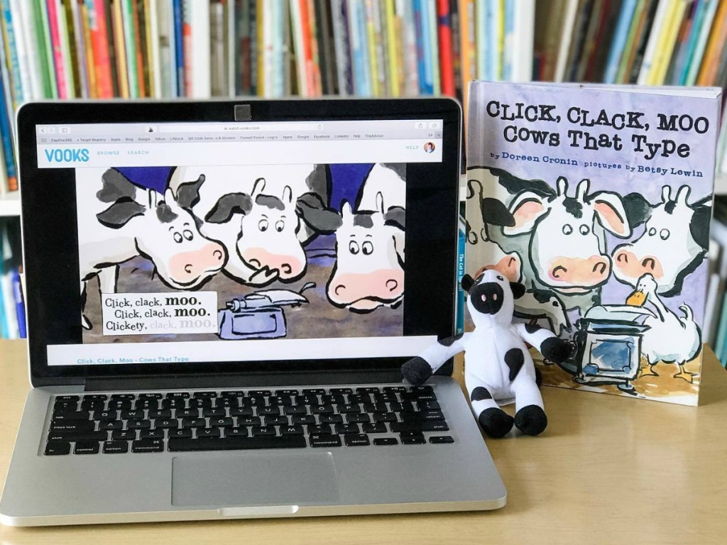 Click, Clack, Moo book with toy and computer with reading app