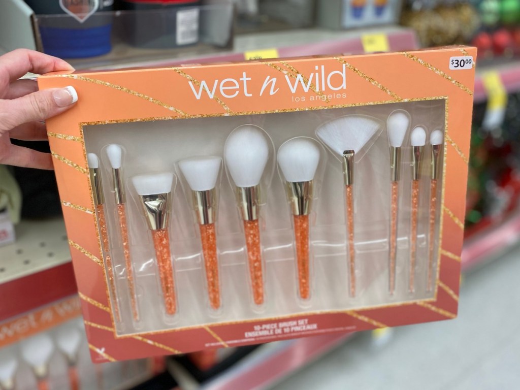 Hand holding Wet n' Wild Cosmetic brush set