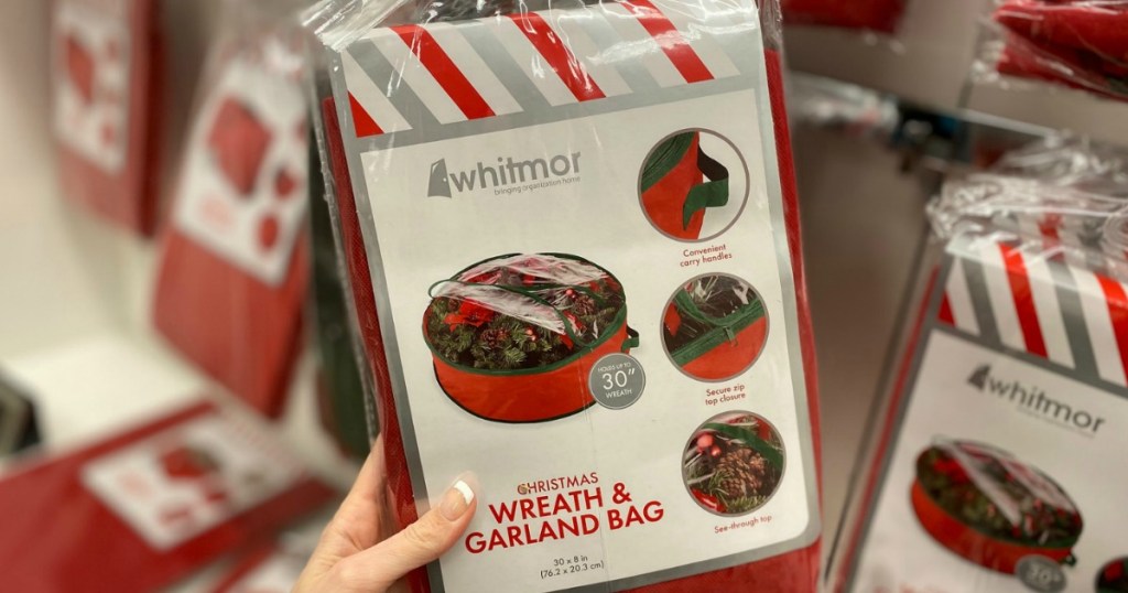 Whitmor brand wreath garland bag in package, in hand, in-store