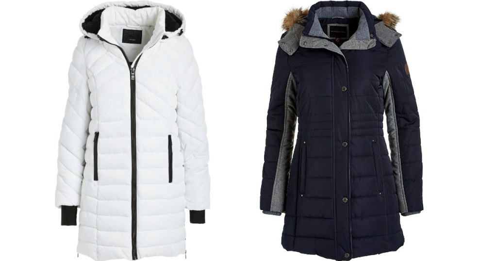 white puffer jacket next to a navy puffer jacket