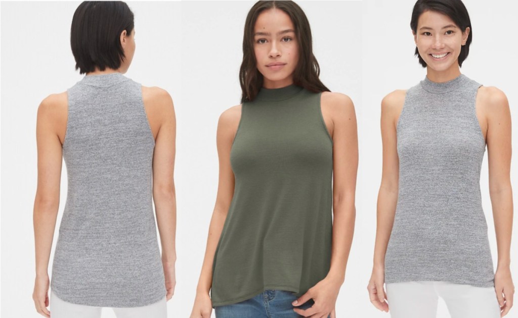 three women wearing green and grey tank top from gap