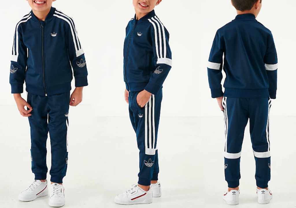 Boy wearing adidas Boys Sport BB Track Suit at three angles