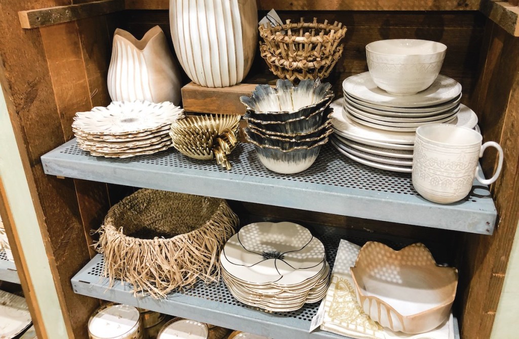 store shelves with neutral dishes and baskets