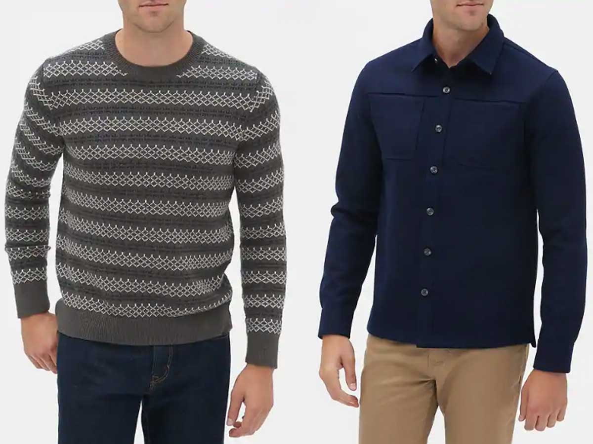 male models wearing Fair Isle Crew-Neck Sweater and a button down shirt