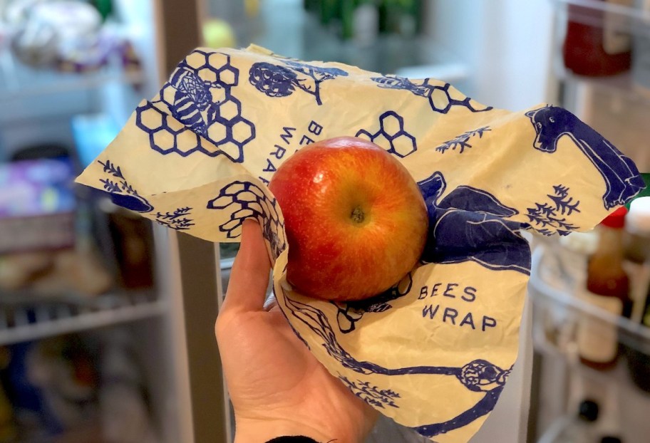 hand holding apple wrapped in bear print bees wrap in front of open refrigerator