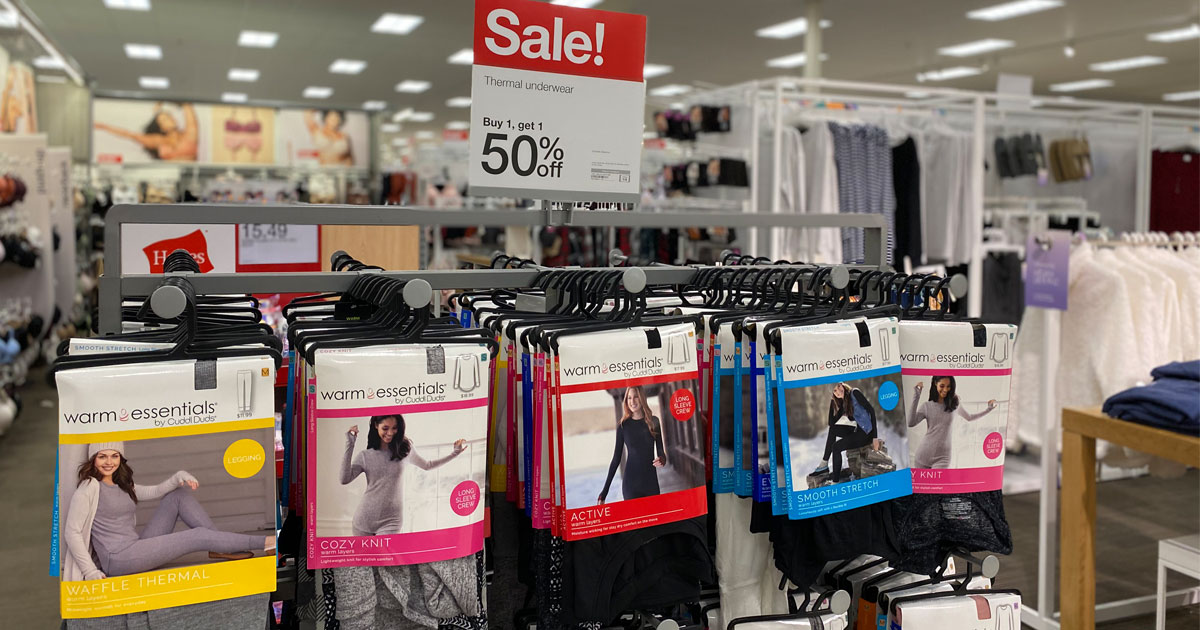 in-store photo of cuddl duds thermals on a rack with bogo 50% offer