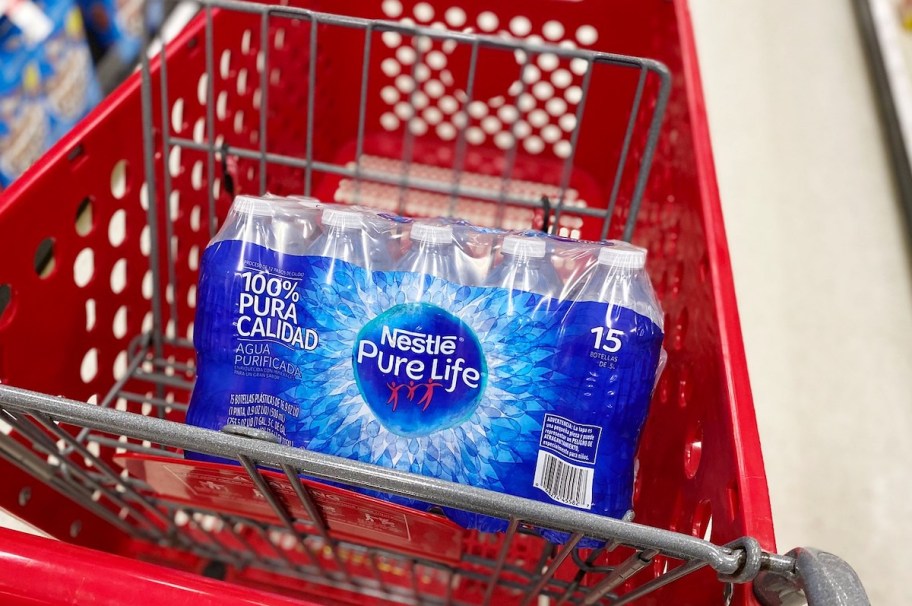 bottle water sitting in red target cart