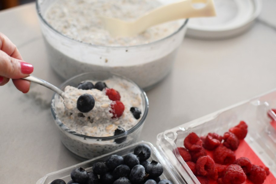 chia seed overnight oats with berries on top