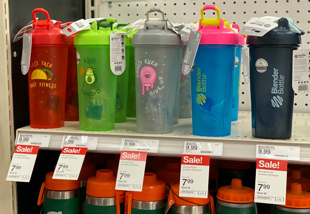colorful blender bottles on a target store shelf
